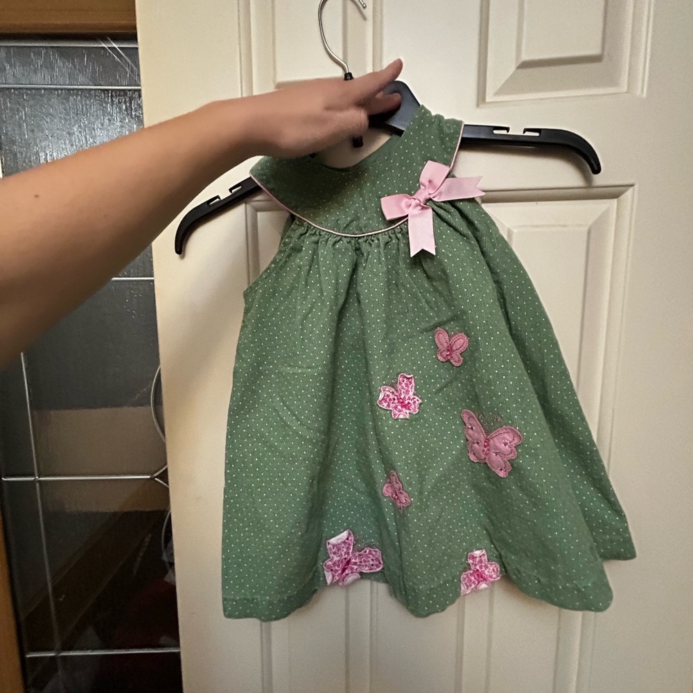 Rare Editions Green Polka Dot Dress with Pink Butterfly Appliqués